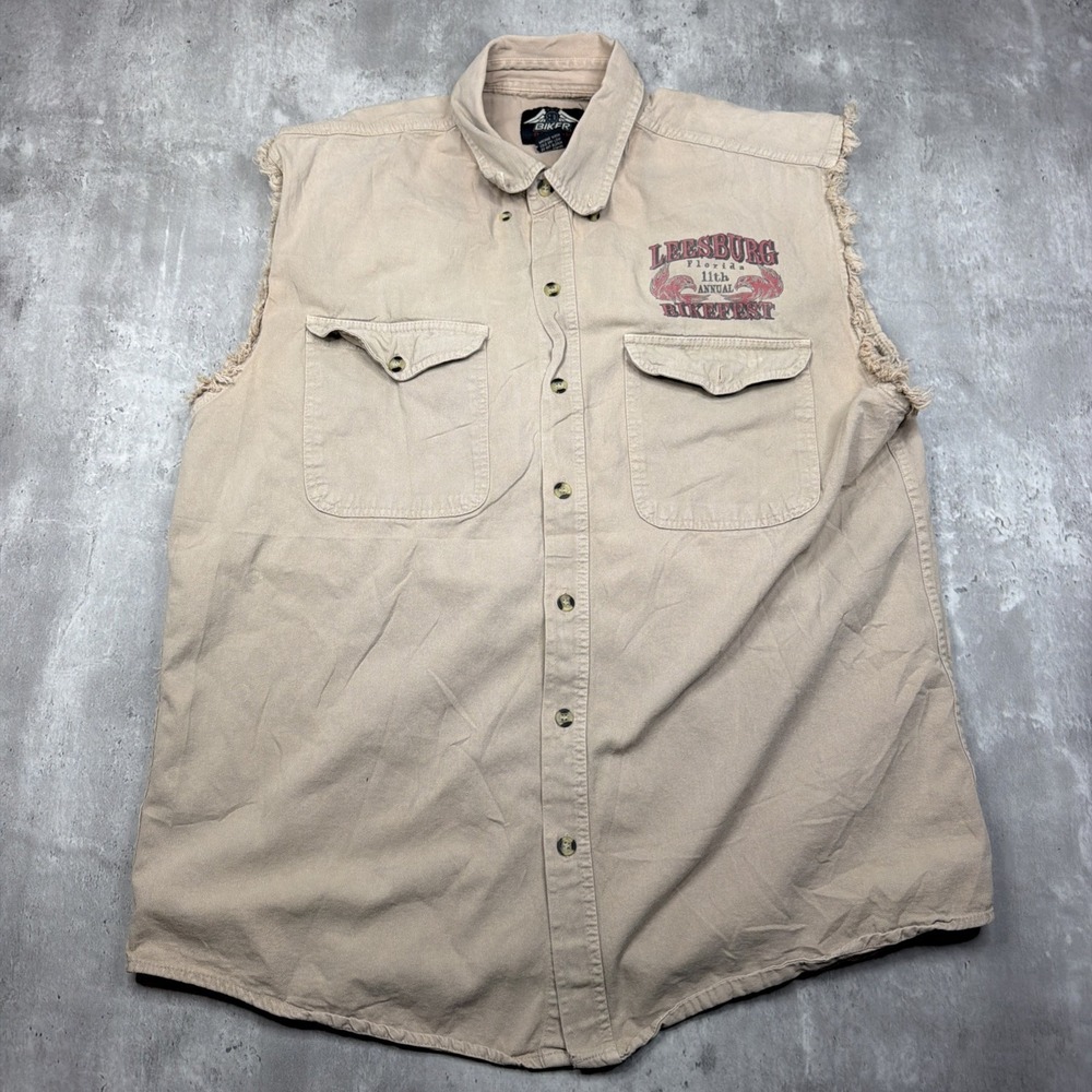 Biker Design Sleeveless Button Up Work Shirt Mens L Brown Vintage Bikerfest USA